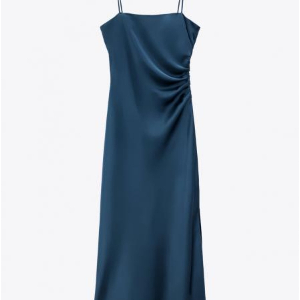 Zara Blue Ruched Slip Dress for Wedding Guest